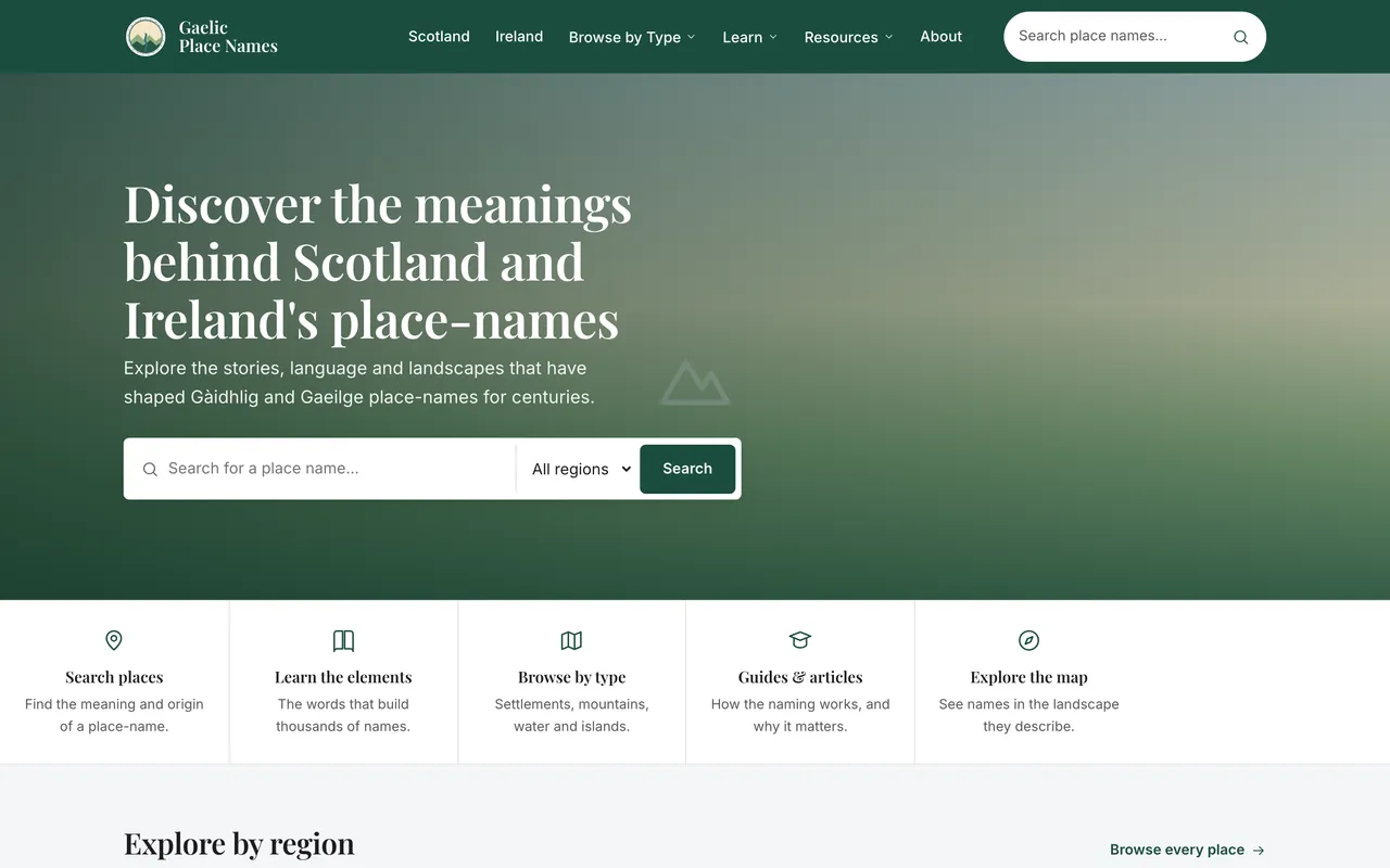 Screenshot of the GaelicPlacenames.org homepage