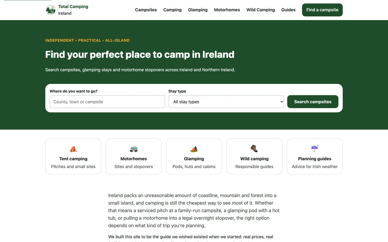 Screenshot of the TotalCampingIreland.ie homepage